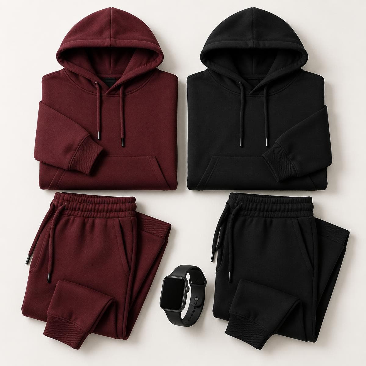 2 blusas de moletom, 2 calças e o smartwatch de brinde